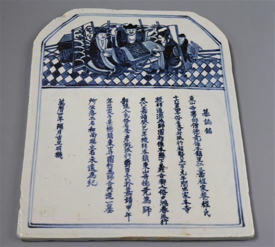 A box of carved wooden figures and a Chinese blue and white plaque